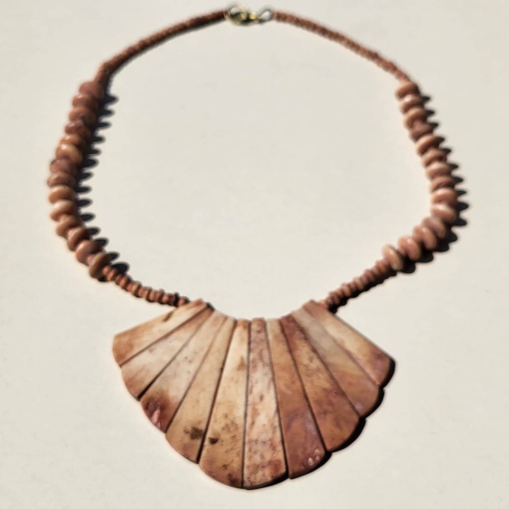 Vintage Carved Bone Fan Bib Necklace Brown Tan Earthy Statement Jewelry